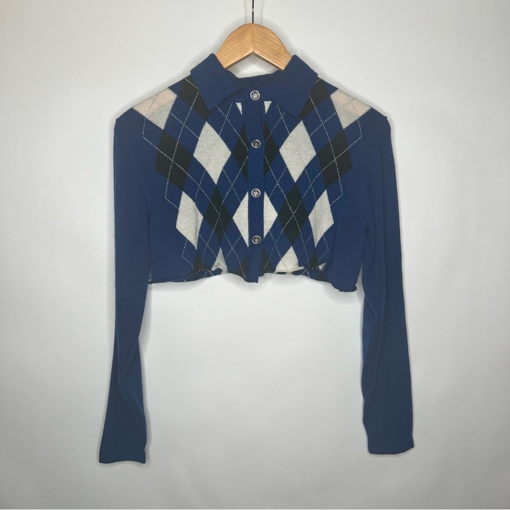 ESSENTIAL ELEMENTS ARGYLE BUTTON DOWN LONG SLEEVE CROP TOP XS PLAID BLUE WHITE